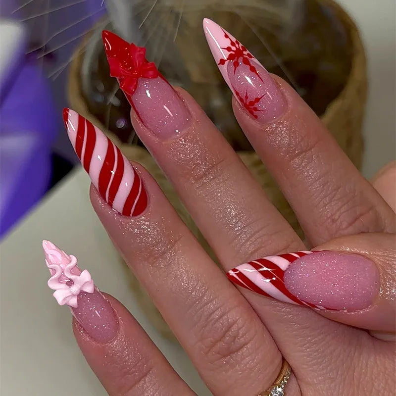 24 pièces arc faux ongles blanc français Long Stiletto faux ongles pointe fleur perle conception amande presse sur ongles acrylique couverture complète ongles