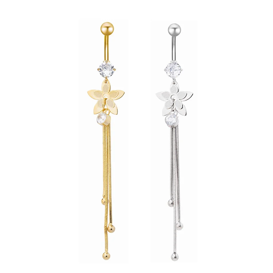Bijou de nombril pour femme – piercing de ventre en acier inoxydable avec chaîne longue, pampilles et fleur pendante, accessoires de corps pour soirée et plage