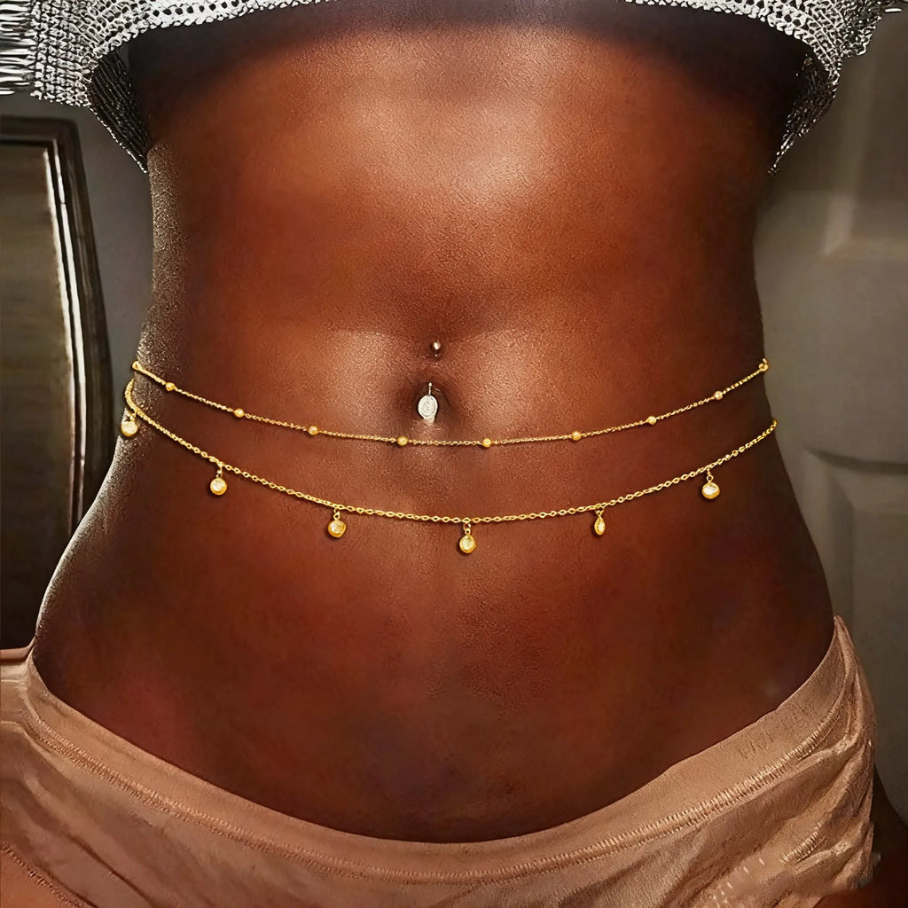 Chaînes de ventre à pampilles en strass pour femmes, Double couche en métal, pour vacances à la plage, maillons de ventre, bijoux de taille pour le corps