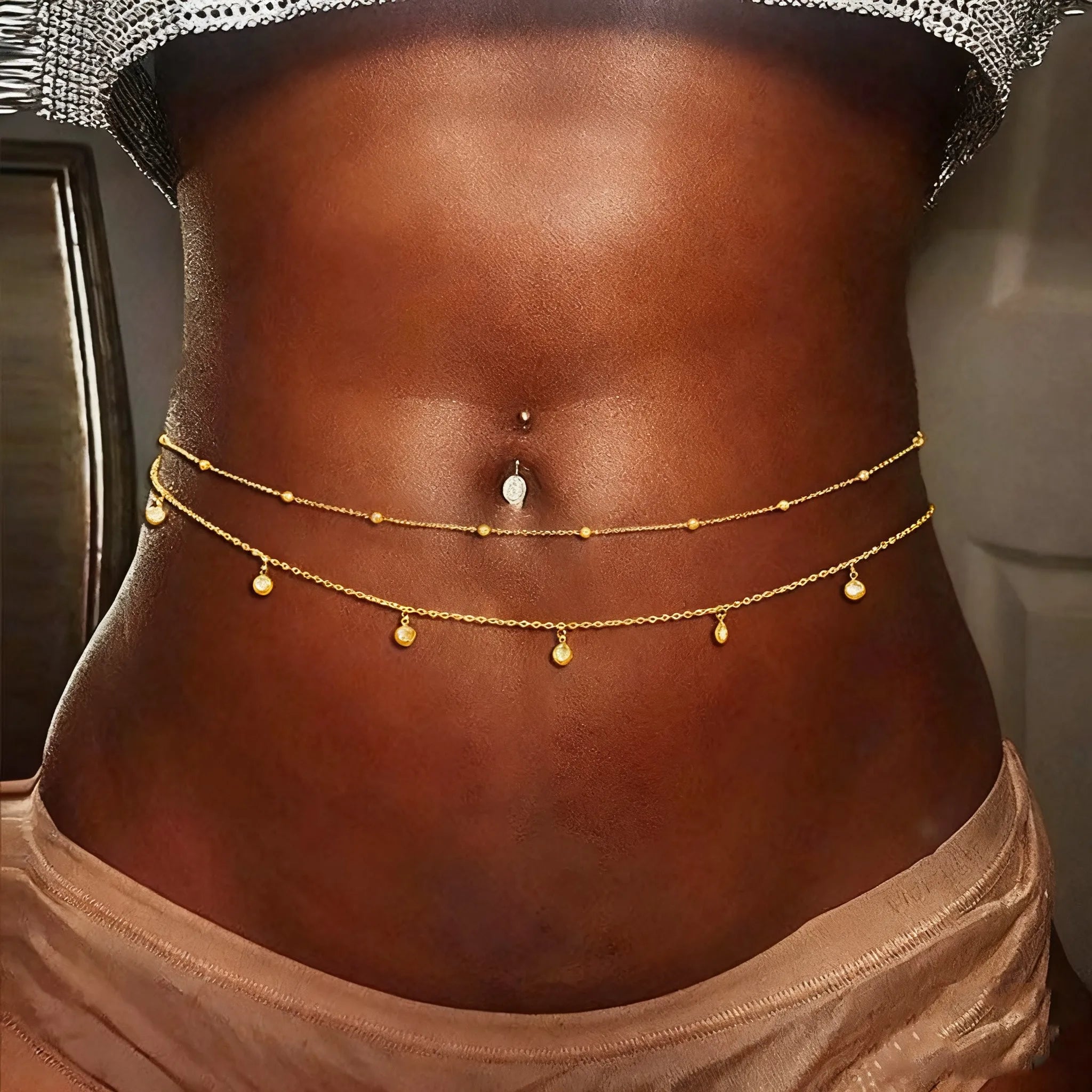 Chaînes de ventre à pampilles en strass pour femmes, Double couche en métal, pour vacances à la plage, maillons de ventre, bijoux de taille pour le corps