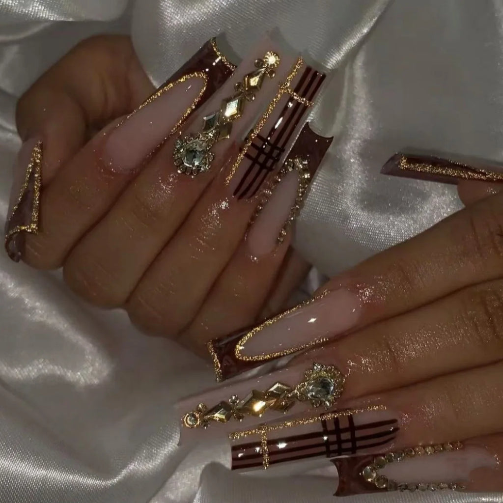 24 pièces – faux ongles longs carrés style français, design cœur 3D, ongles press-on avec strass, motif décoratif, faux ongles portables pour nail art
