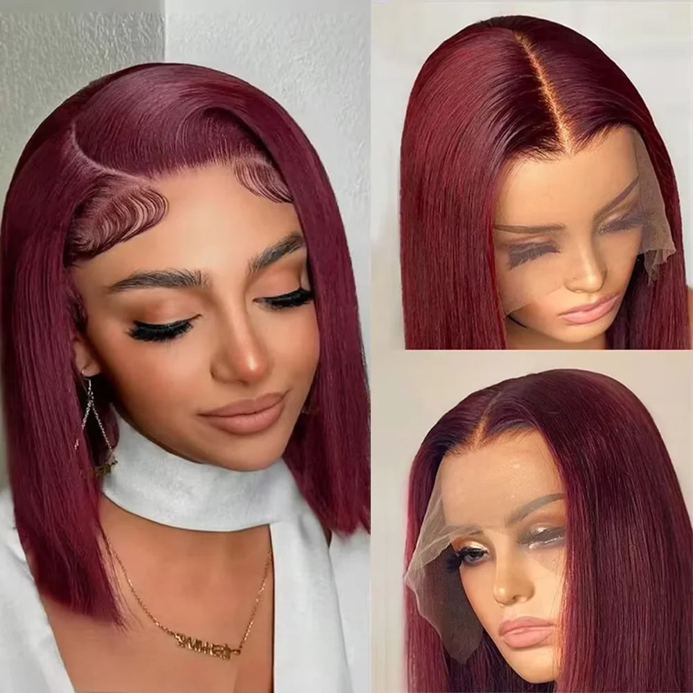 Perruques bob droites bordeaux 99J, prêtes à porter, sans colle, perruques en cheveux humains avec dentelle frontale 13x4, pré-coupées, sans colle, pour femmes, couleur rouge