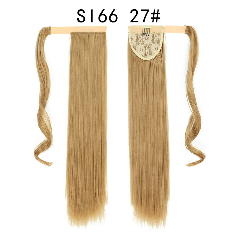 Queue de cheval synthétique longue et droite de 22 pouces, extension de cheveux à enrouler avec clip, résistante à la chaleur, postiche blond