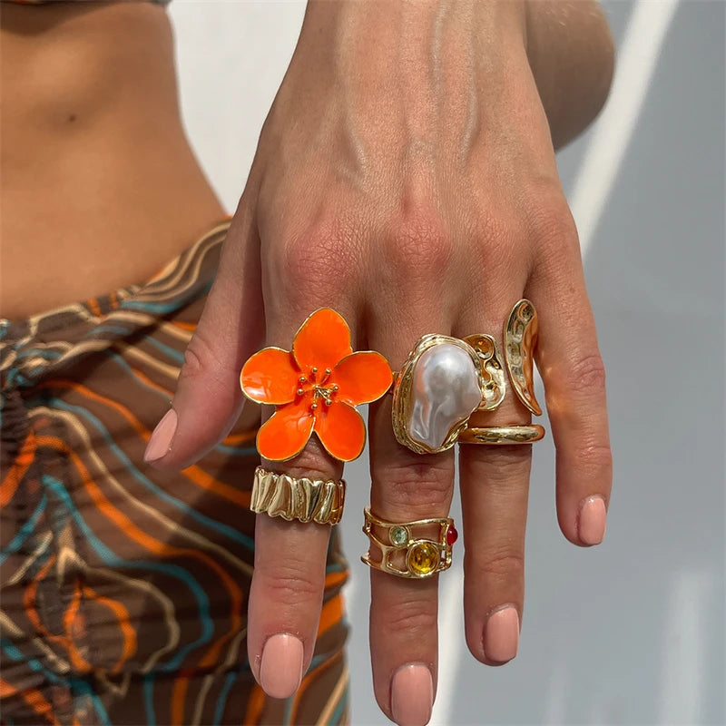 Lot de 8 bagues vintage roses en métal avec fleurs pour femme, style punk élégant, perles baroques, bagues de phalange, bijoux pour soirée et usage quotidien