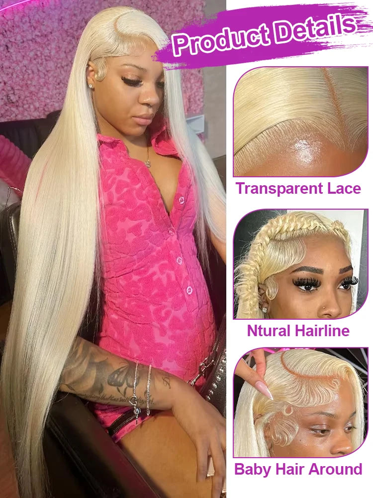 erruque en cheveux humains lisses de couleur blonde, dotée d’une lace frontale HD 13x6 ou 13x4 pour un effet naturel et une ligne capillaire discrète. Avec sa densité de 250 %, elle offre un volume généreux et une chevelure épaisse.