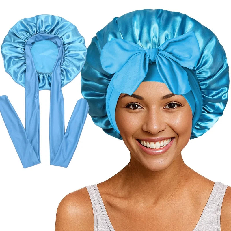 Nouveau bonnet de nuit en satin uni avec bande élastique extensible à nouer pour femmes, bonnet de douche ajustable, bonnet/turban pour couvrir les cheveux.