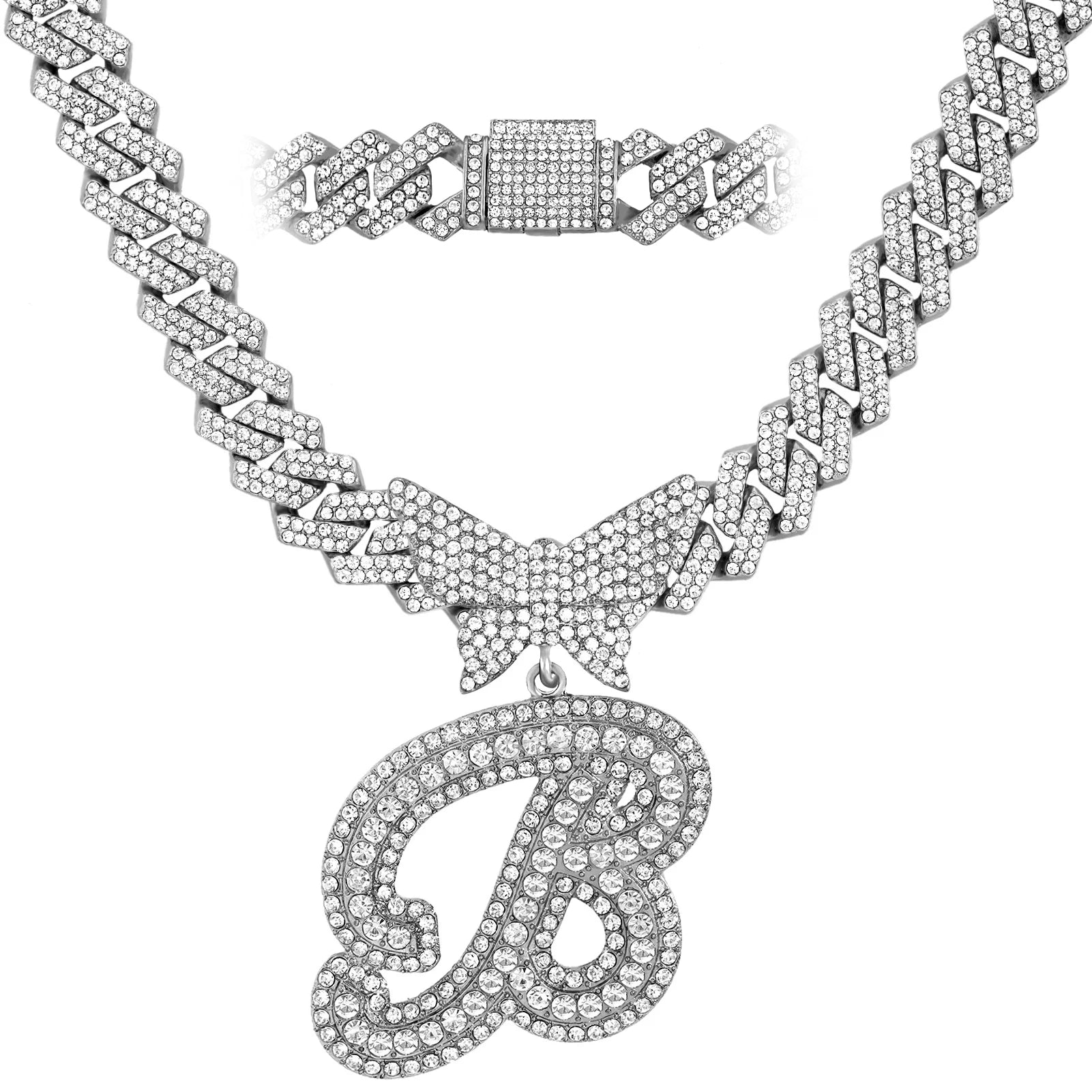 Collier chaîne cubaine 14 mm pour hommes et femmes, avec pendentif papillon en cristal et initiales, lettres cursives style “iced out”, bijou de style rappeur, nouveau bijou de mode.