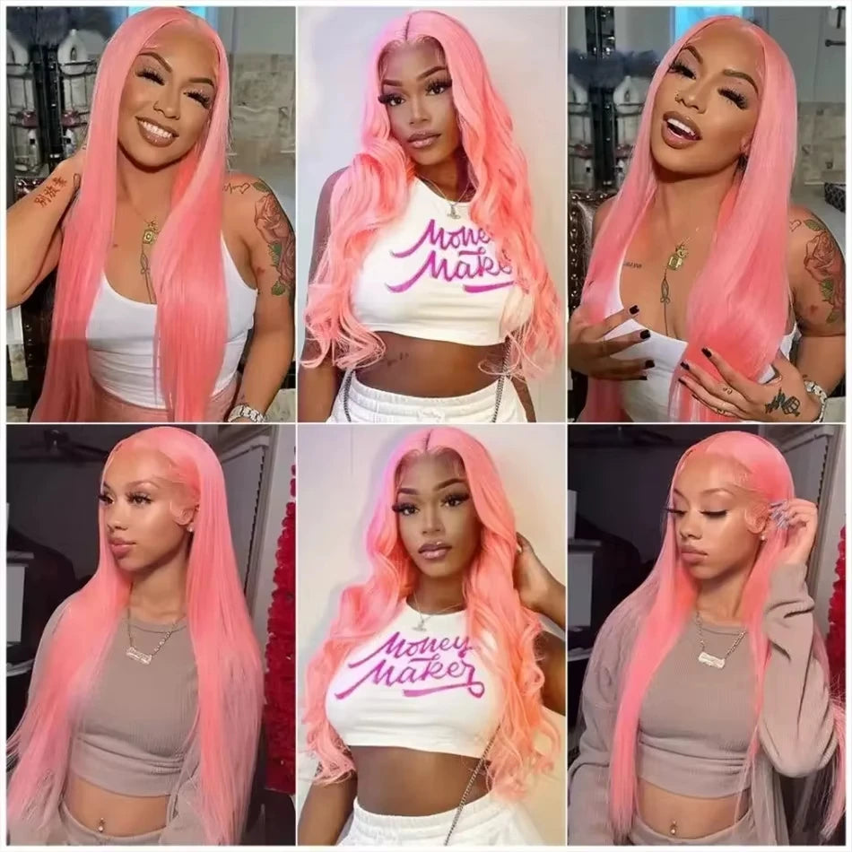 Perruque Lace Frontale HD Rose 13x6 en Cheveux Humains Brésiliens Lisses – Pré-épilée (Pre-Plucked), avec dentelle HD transparente, cheveux humains brésiliens raides (“Bone Straight”), couleur rose éclatante. Disponible en version Lace Front 13x4 ou 13x6