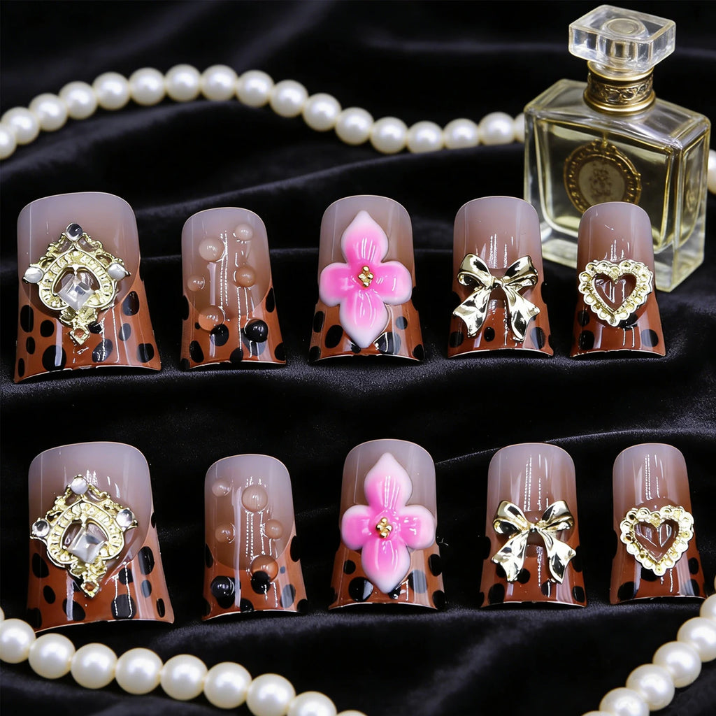 10 pièces diamant français pointu ongles courts carrés ongles nus faux ongles avec paillettes dorées diamant ongles imprimé léopard faux ongles