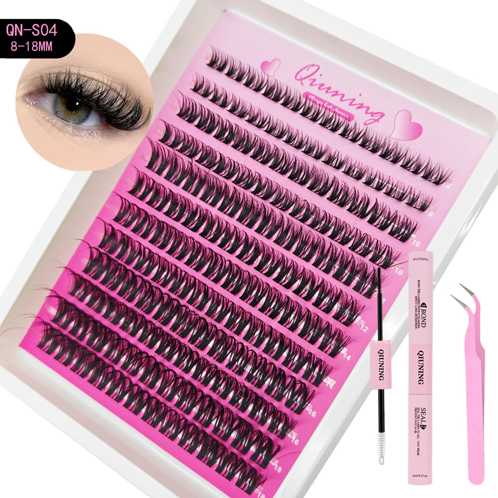 Kit de bouquets de cils type manga QIUNING (cils “cat eye”) avec colle et fixateur pour extensions de cils en grappes, plateau mixte de bouquets de cils.