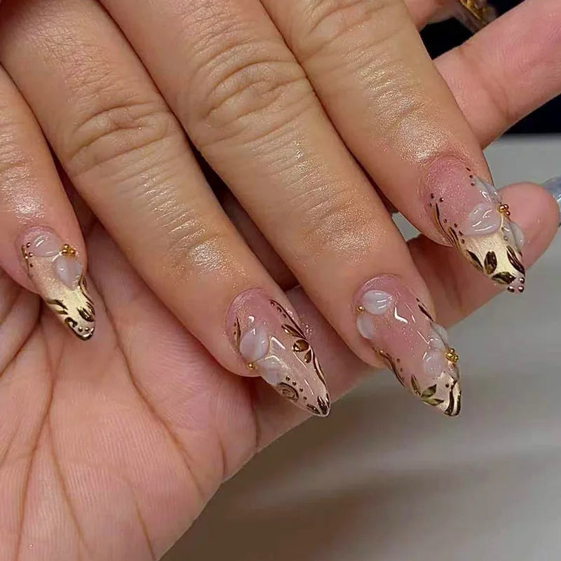 24 pièces mi-long doré amande ongles ensemble presse sur 3D fleur dégradé rose couverture complète faux ongles conseils perle réutilisable faux ongles