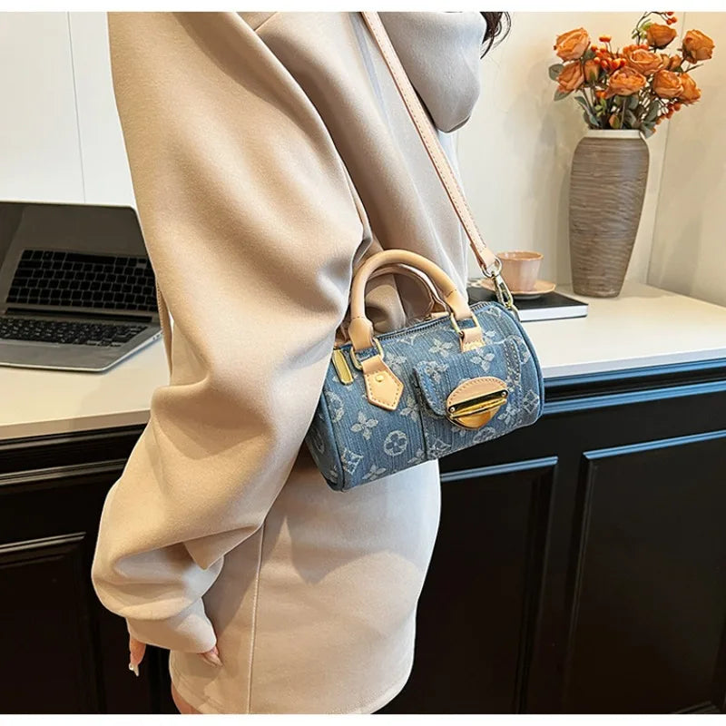 Sacs en jean tendance pour femmes, sacs bandoulière élégants et polyvalents, sacs à main cylindriques ronds à la mode