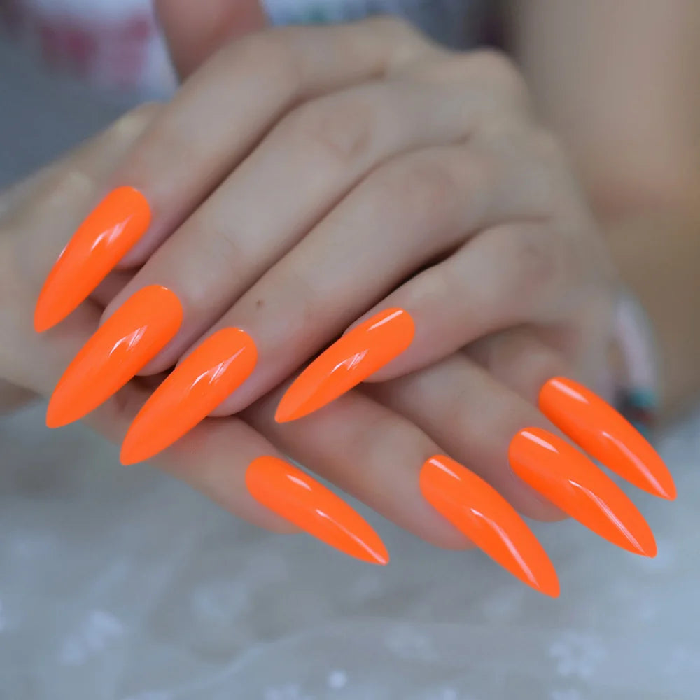 Faux ongles néon extrêmement longs, Orange vif, à pression, Style carnaval, décoration, conseils de manucure, pour Salon de manucure, 24