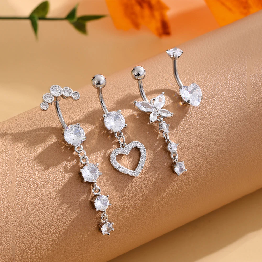 3-5 pièces ensembles de styles mixtes coeur fleur balancent nombril anneaux en acier inoxydable papillon incurvé Zircon ventre Piercing nombril anneau