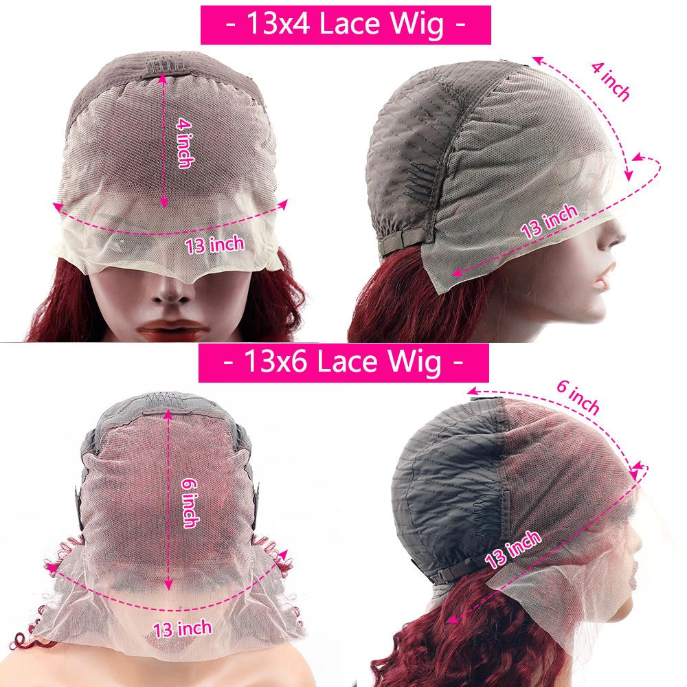 Perruque Lace Front Wig Body Wave Brésilienne Naturelle, Cheveux Humains, Couleur Rouge Bordeaux 99j, 13x6, 13x4, 30 ou 36 Pouces, Densité 200, pour Femme