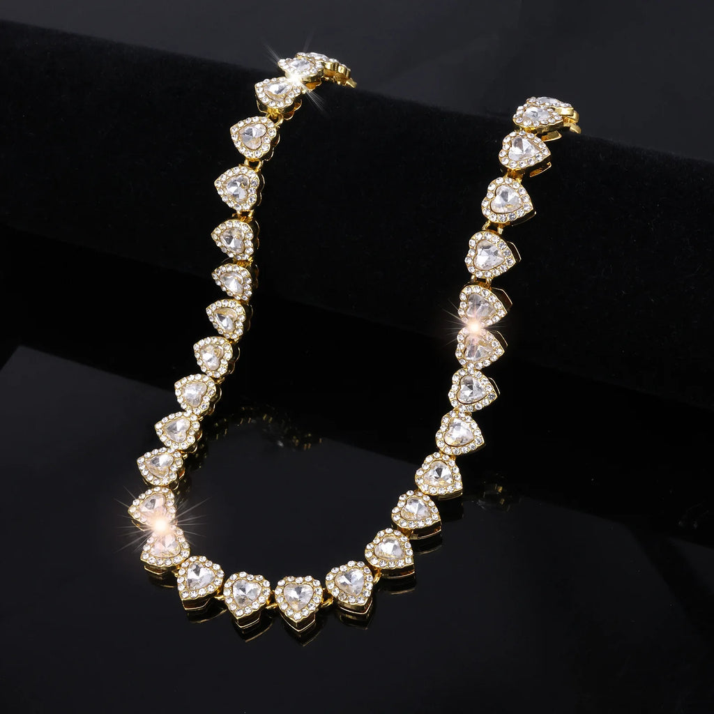 Yupsk 45CM/20CM coeur brillant strass Hip Hop Rock Tennis chaîne Bracelet collier pour femmes hommes à la mode ensemble de bijoux cadeau