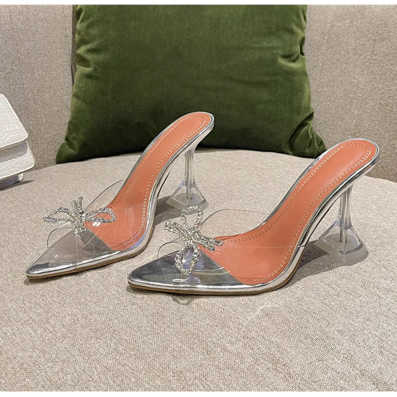 Grande taille 35-45, mules transparentes en PVC avec strass et nœud, élégantes sandales à talons hauts pour femmes, chaussures d’été tendance, sandales et mules à enfiler.