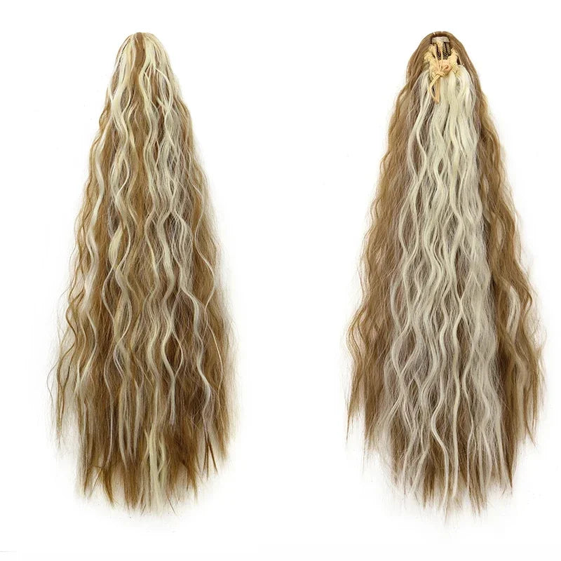 Queue de cheval synthétique longue et bouclée de 22 pouces, extension de cheveux à cordon de serrage, postiche noir à clipser pour femme