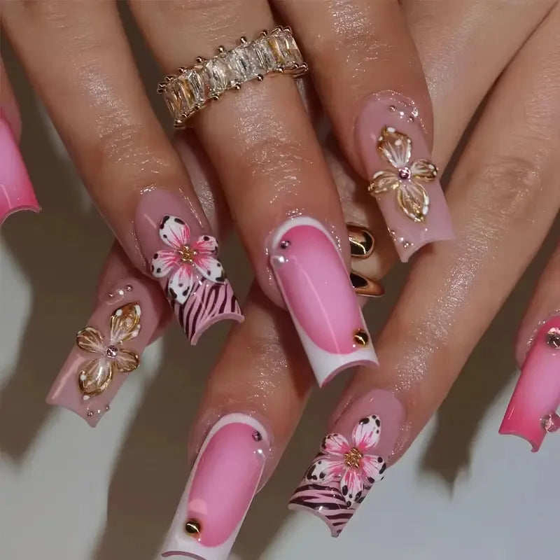 24 faux ongles longs carrés à presser, motif léopard, design cerise 3D, strass, couvrance totale, prêts à poser