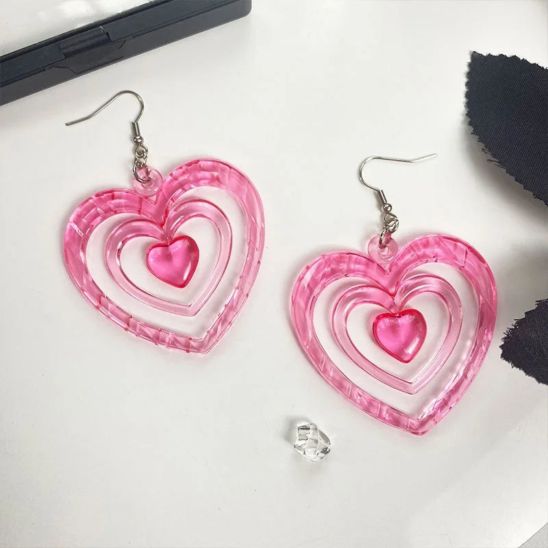 Boucles d’oreilles pendantes superposées en acrylique rose en forme de cœur, style Y2K vintage, pour femmes et filles, bijoux d’été doux pour soirée, accessoires de fête, cadeau.
