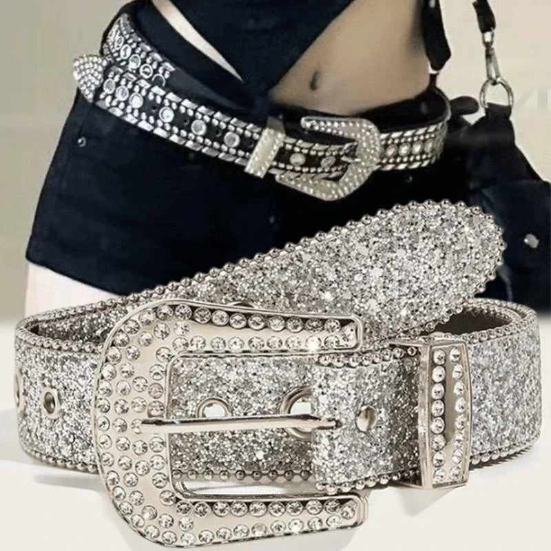 Ceinture femme mode Y2K – imprimé uni, cloutée, entièrement ornée de strass, en cuir PU, brillante style cristal, réglable, ceinture scintillante pour club et soirée
