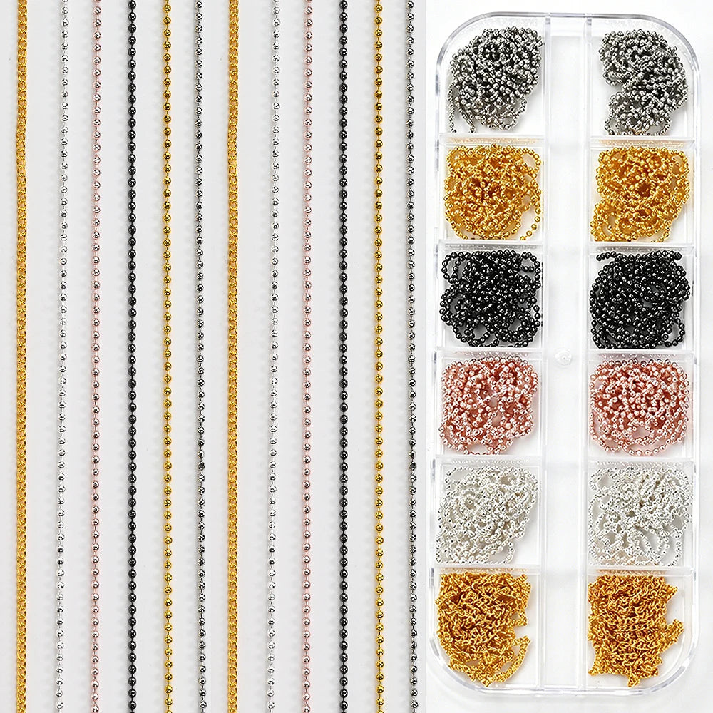 12 grilles de chaînes à ongles 3D en or, argent, gris foncé et rose, style gothique punk, breloques en métal pour nail art, chaînes en alliage, décorations pour manucure