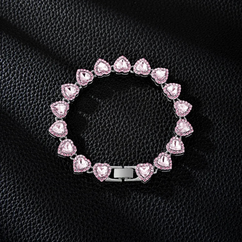 Yupsk 45CM/20CM coeur brillant strass Hip Hop Rock Tennis chaîne Bracelet collier pour femmes hommes à la mode ensemble de bijoux cadeau