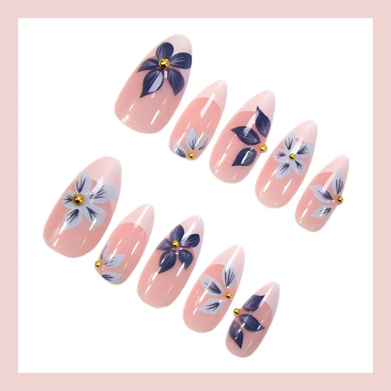 Faux ongles 3D pour femmes et filles, dégradé de fleurs en relief marron bleu avec strass, pointes d'amande d'automne et d'hiver à pression sur les faux ongles