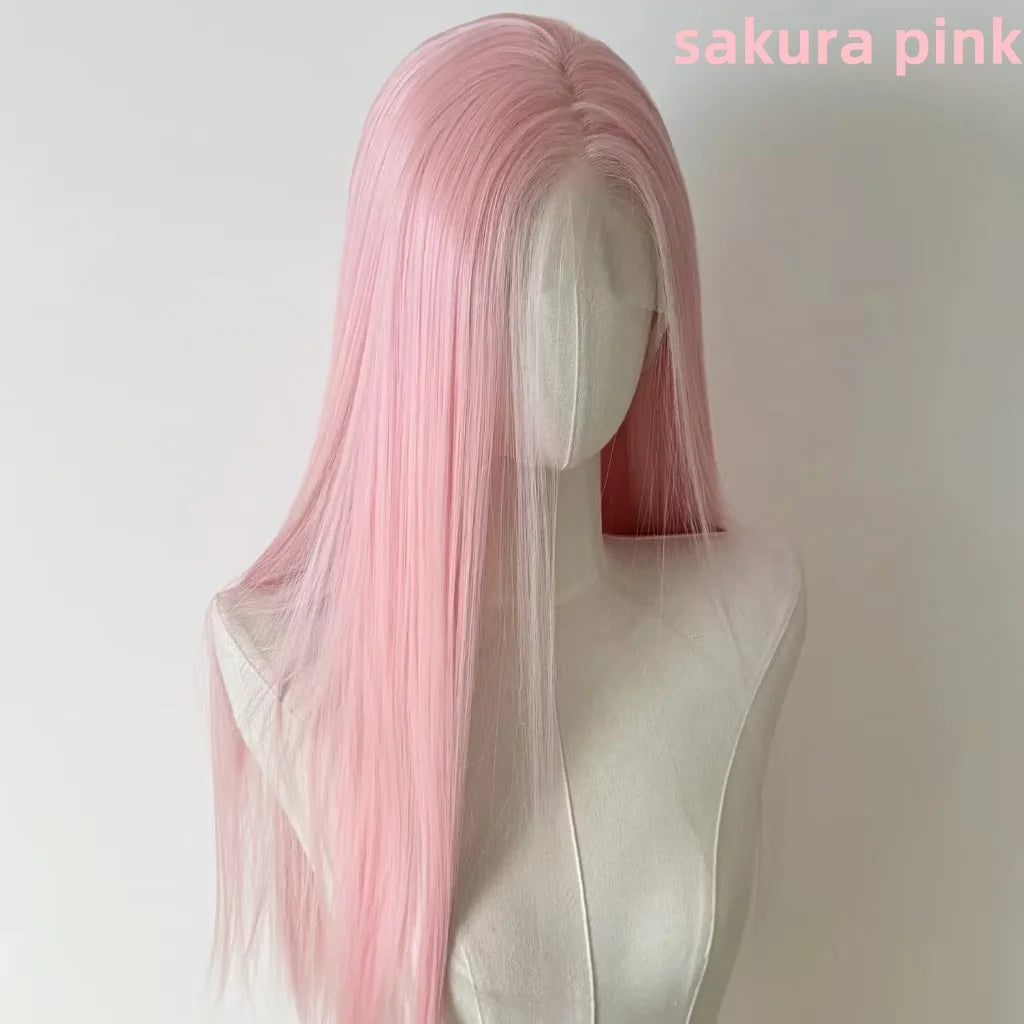 Perruque rose clair pour femme – Lace front 13x4, 26 pouces, longue et lisse, perruque synthétique en fibre douce naturelle résistante à la chaleur, idéale pour cosplay