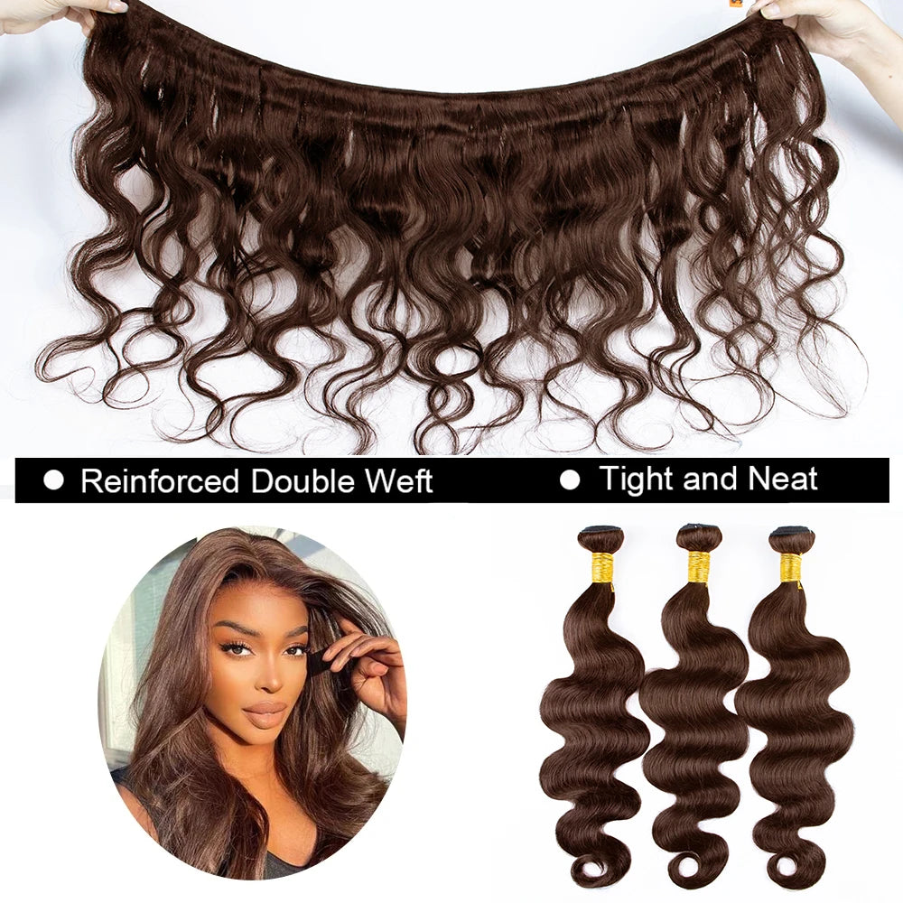 # 4 Bundles de Cheveux Humains Ondulés Brun Foncé 1/3 Pièces, Extensions de Cheveux Remy Brésiliens à Double Trame de 18 à 30 Pouces pour Femmes