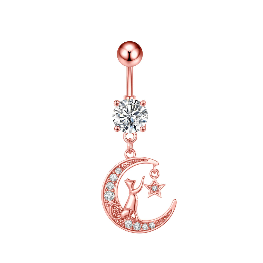 1 pièce Anneau de nombril incurvé en acier inoxydable couleur or avec cristaux CZ, motif papillon abeille, 14G, avec pendentif