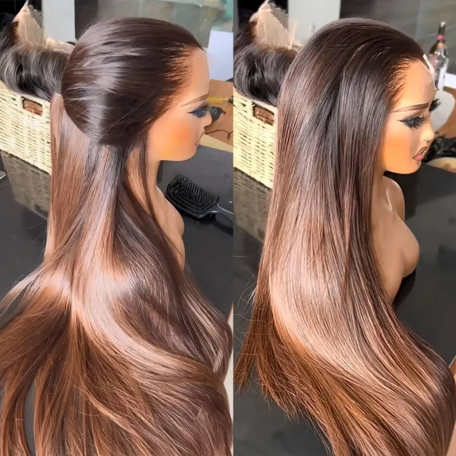 Perruque en cheveux humains brésiliens lisses, lace frontale HD 13x4 colorée effet ombré avec mèches, perruque sans colle pour femmes, offrant un aspect naturel.