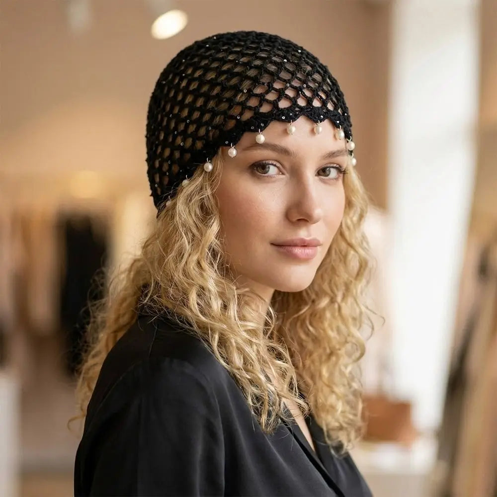 Bonnet en crochet ajouré tressé respirant avec perles et franges, style rétro, pour femme, été
