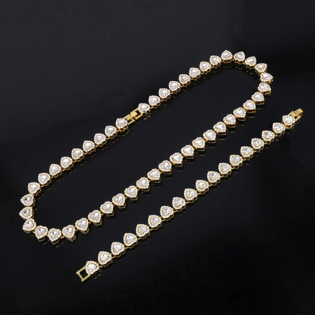 Yupsk 45CM/20CM coeur brillant strass Hip Hop Rock Tennis chaîne Bracelet collier pour femmes hommes à la mode ensemble de bijoux cadeau