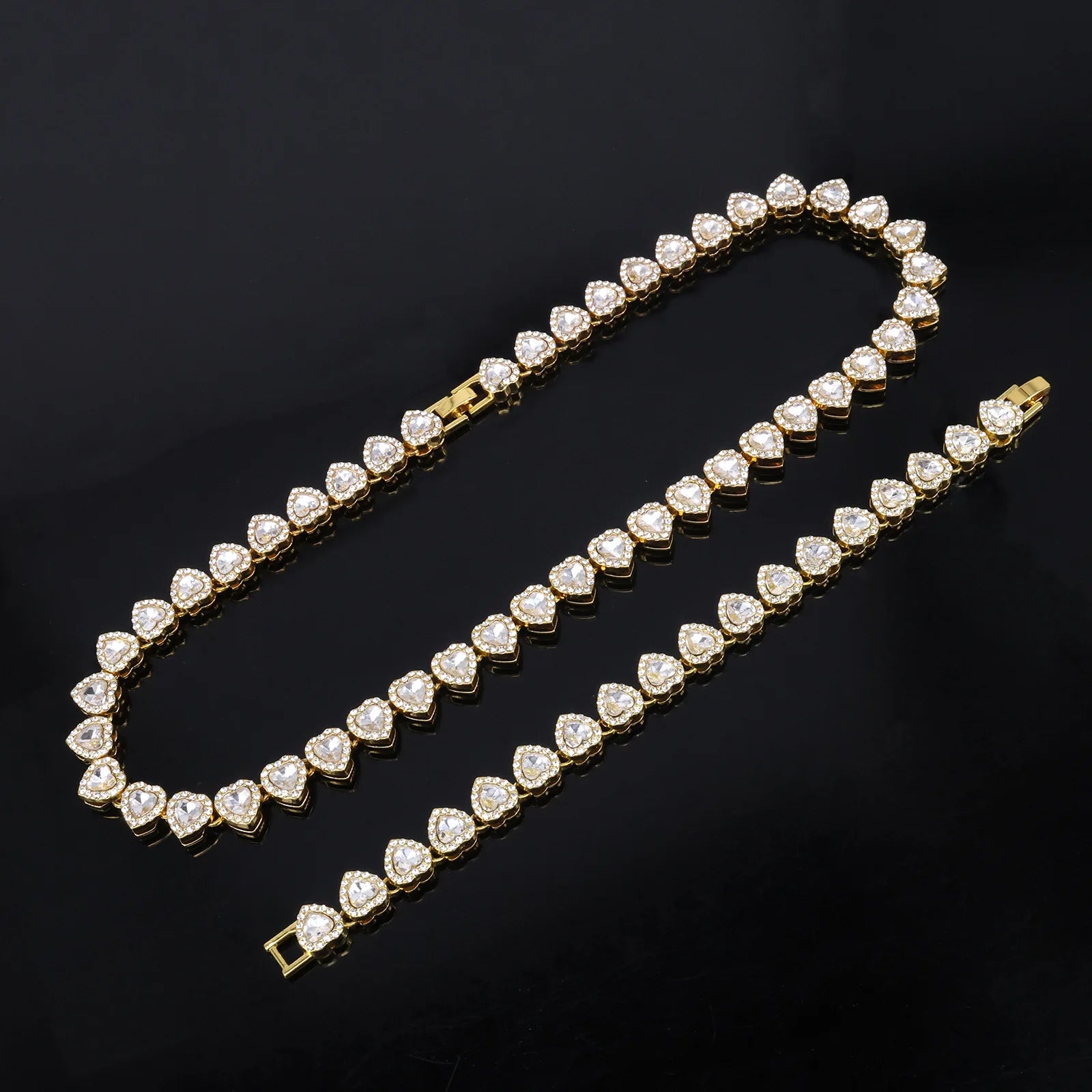Yupsk 45CM/20CM coeur brillant strass Hip Hop Rock Tennis chaîne Bracelet collier pour femmes hommes à la mode ensemble de bijoux cadeau