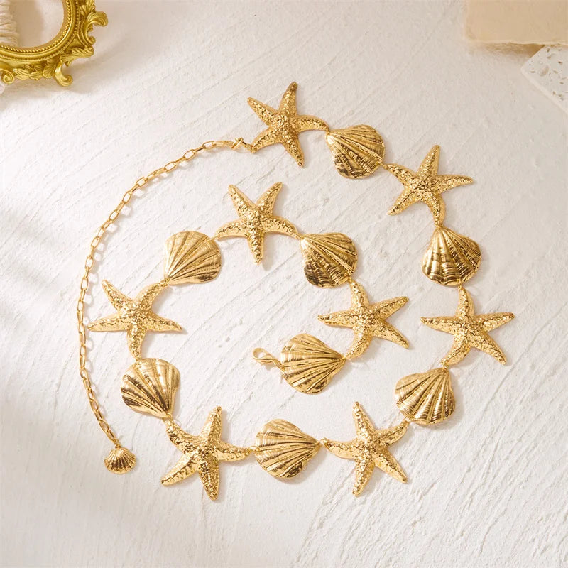 Chaîne de taille bohème en métal avec étoile de mer et coquillages pour femmes et filles, chaîne de ventre perlée sexy pour l'été, la plage, le bikini, les fêtes et les vacances