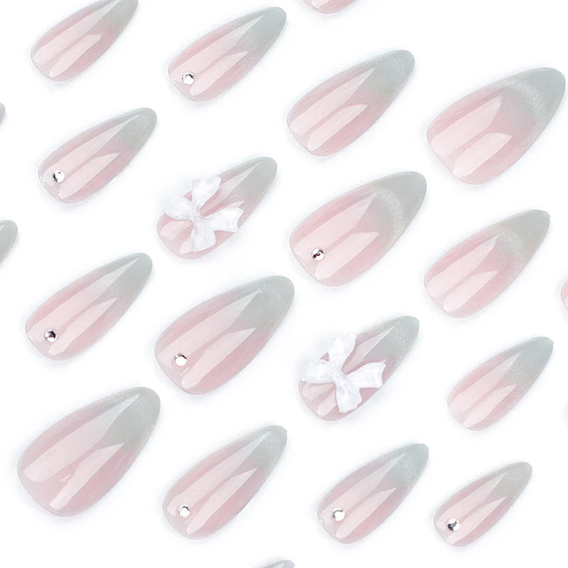 24 pièces doux oeil de chat français presse sur ongles diamant pointu tridimensionnel nœud papillon portable ongles pour femmes et fille amande ongles