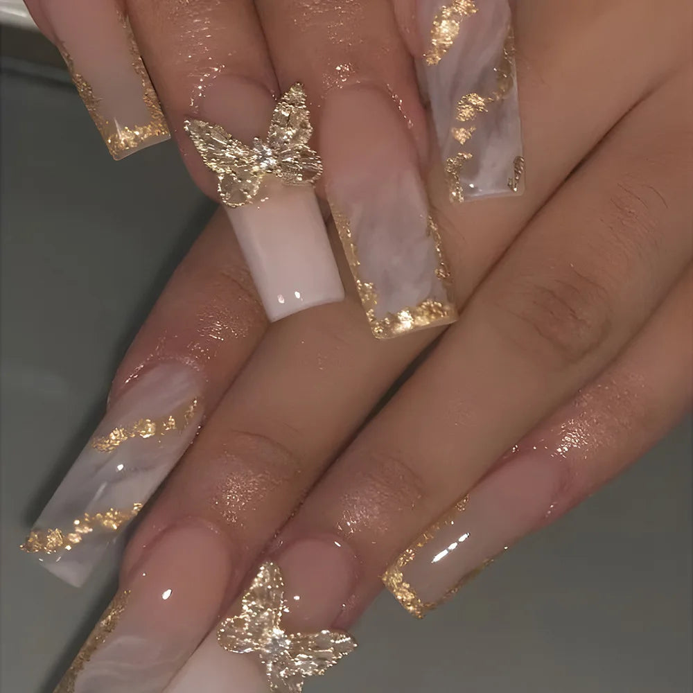24 faux ongles longs carrés à presser, motif léopard, design cerise 3D, strass, couvrance totale, prêts à poser