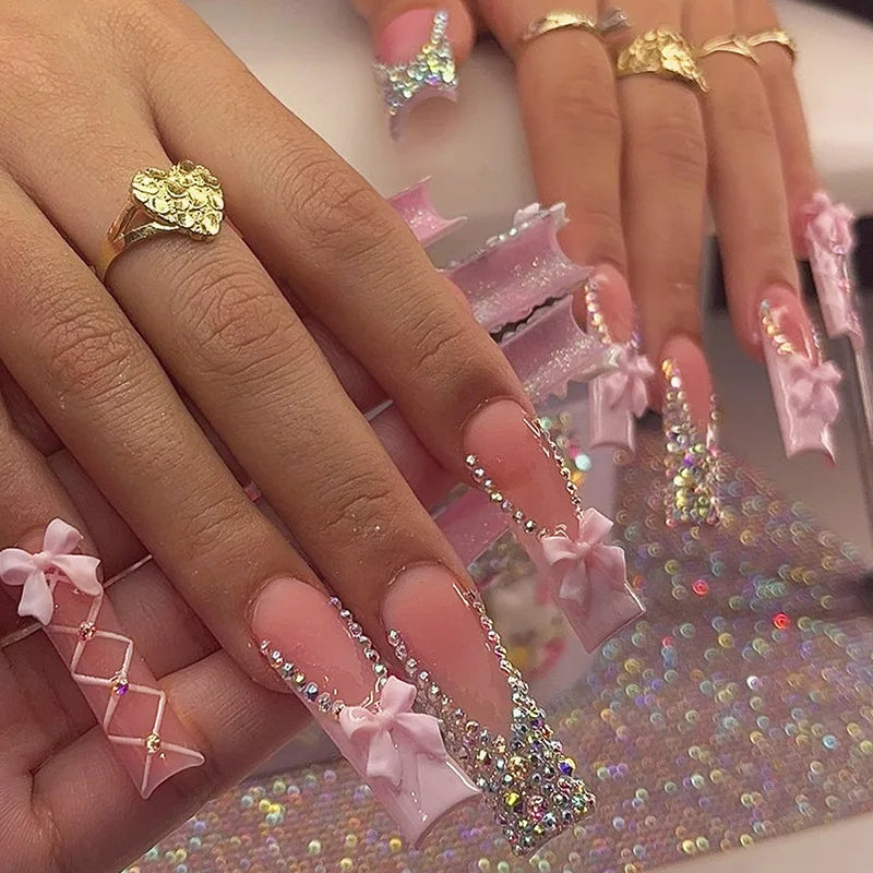 24 faux ongles longs carrés à presser, motif léopard, design cerise 3D, strass, couvrance totale, prêts à poser