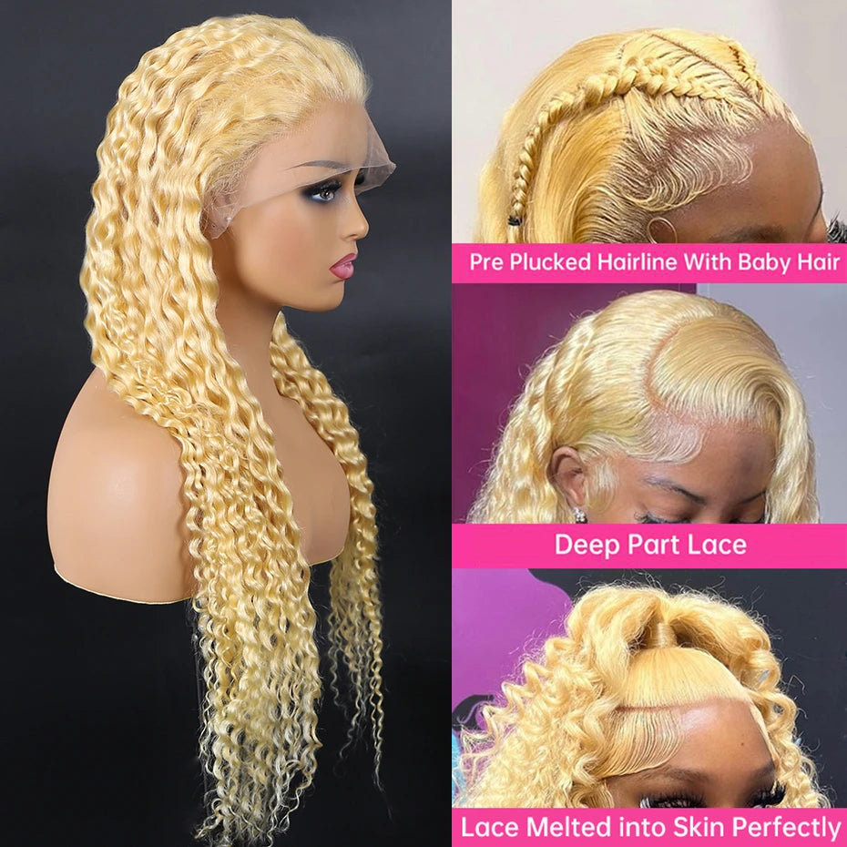 Perruque Deep Wave Blonde 613 en Cheveux Humains Brésiliens – Lace Frontale HD 13x6 ou 13x4 – Pré-épilée avec Ligne de Cheveux Naturelle – Disponible en 36 et 40 Pouces