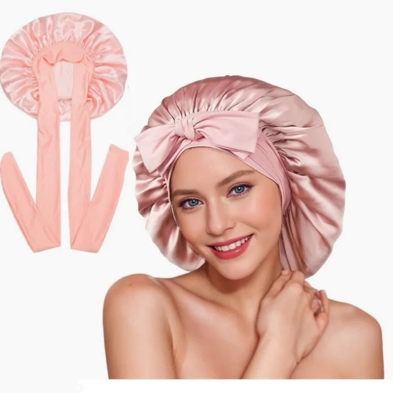Nouveau bonnet de nuit en satin uni avec bande élastique extensible à nouer pour femmes, bonnet de douche ajustable, bonnet/turban pour couvrir les cheveux.
