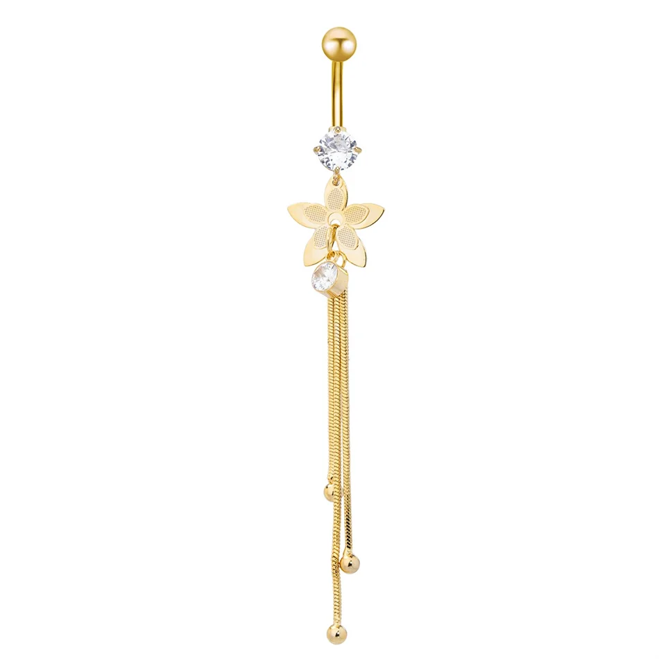 Bijou de nombril pour femme – piercing de ventre en acier inoxydable avec chaîne longue, pampilles et fleur pendante, accessoires de corps pour soirée et plage