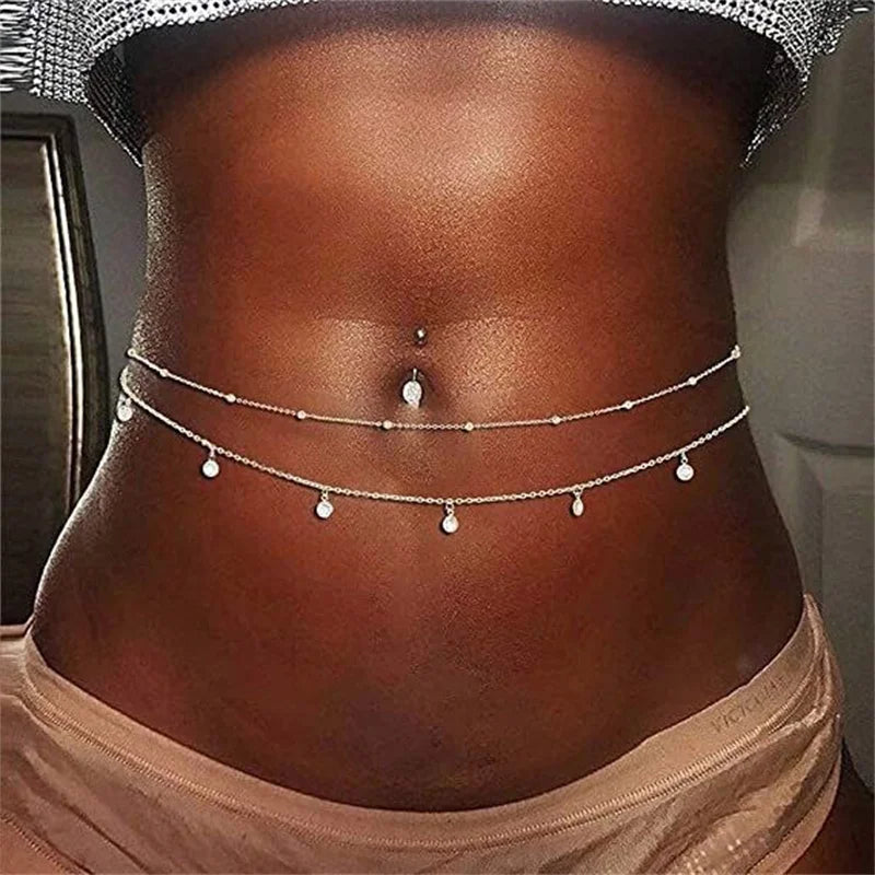 Chaînes de ventre à pampilles en strass pour femmes, Double couche en métal, pour vacances à la plage, maillons de ventre, bijoux de taille pour le corps