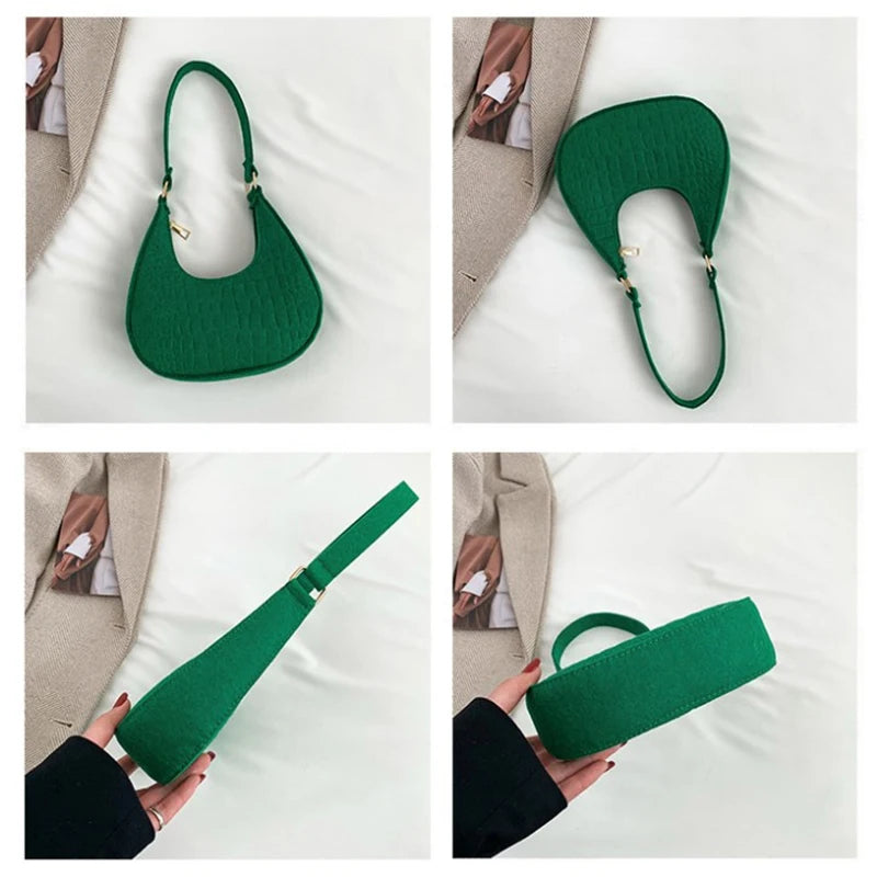 Sac tendance en feutre de haute qualité, au style rétro et élégant. Conçu pour être porté sous le bras ou à l’épaule, il allie simplicité et design moderne.