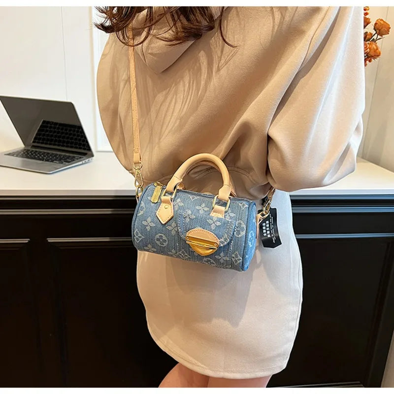 Sacs en jean tendance pour femmes, sacs bandoulière élégants et polyvalents, sacs à main cylindriques ronds à la mode
