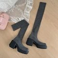 Bottes chaussettes au-dessus du genou pour femme, tailles 35 à 40. Modèle d’hiver en maille extensible, avec talons épais et plateforme. Bottes longues à enfiler, confortables et tendance pour femme.