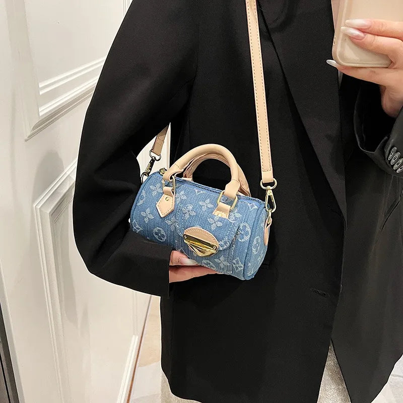 Sacs en jean tendance pour femmes, sacs bandoulière élégants et polyvalents, sacs à main cylindriques ronds à la mode