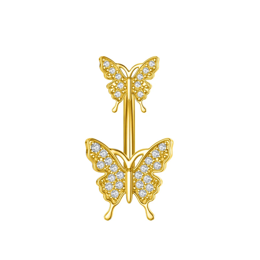 1 pièce Anneau de nombril incurvé en acier inoxydable couleur or avec cristaux CZ, motif papillon abeille, 14G, avec pendentif