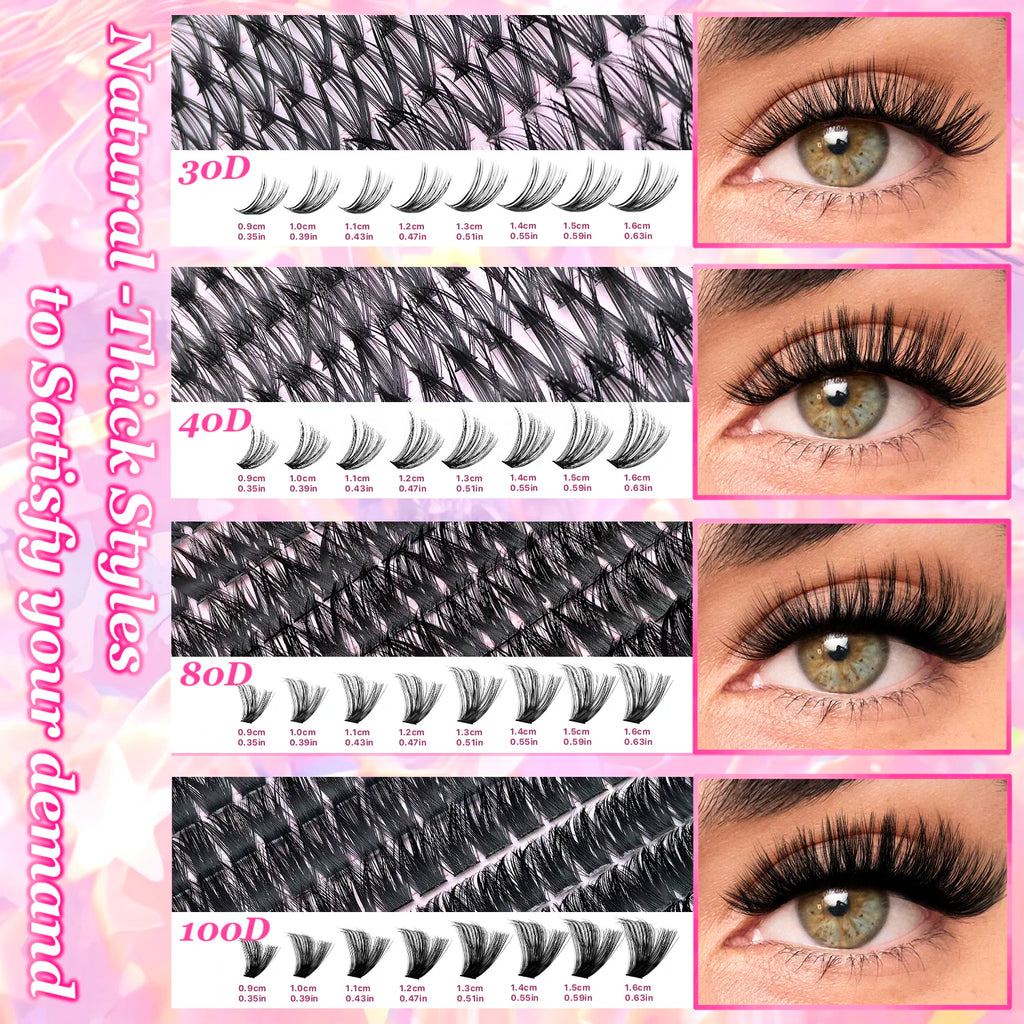 Kit d’extensions de cils DIY en bouquets – Faux cils individuels à poser soi-même, longueurs de 9 à 16 mm. Effet léger et naturel (wispy). Kit complet incluant colle (bond) et fixateur (seal) pour une meilleure tenue des cils