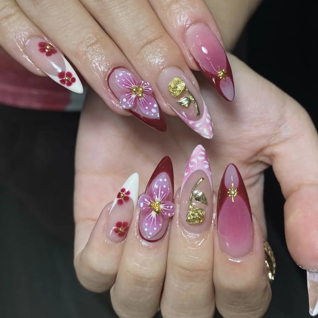 24 pièces mi-long doré amande ongles ensemble presse sur 3D fleur dégradé rose couverture complète faux ongles conseils perle réutilisable faux ongles